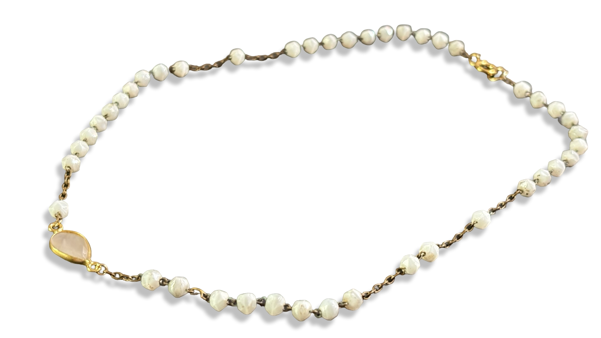 Collier chapelet pâte de verre blanc et quartz pêche
