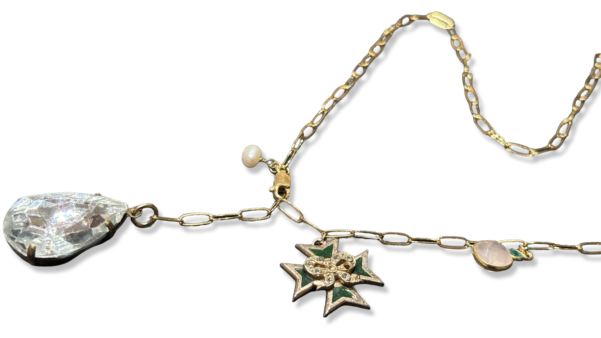 Collier lasso, large strass goutte, croix de Malte
