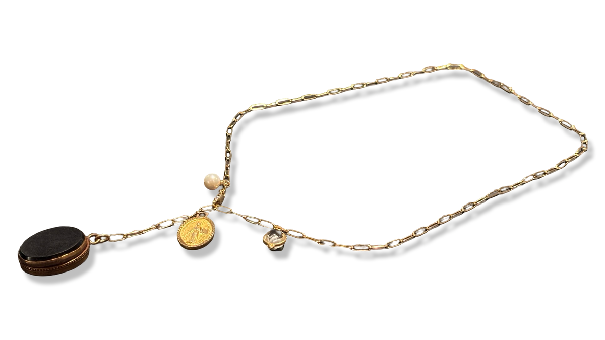 Collier lasso upcyclé , médaillon à secret et médaille miraculeuse