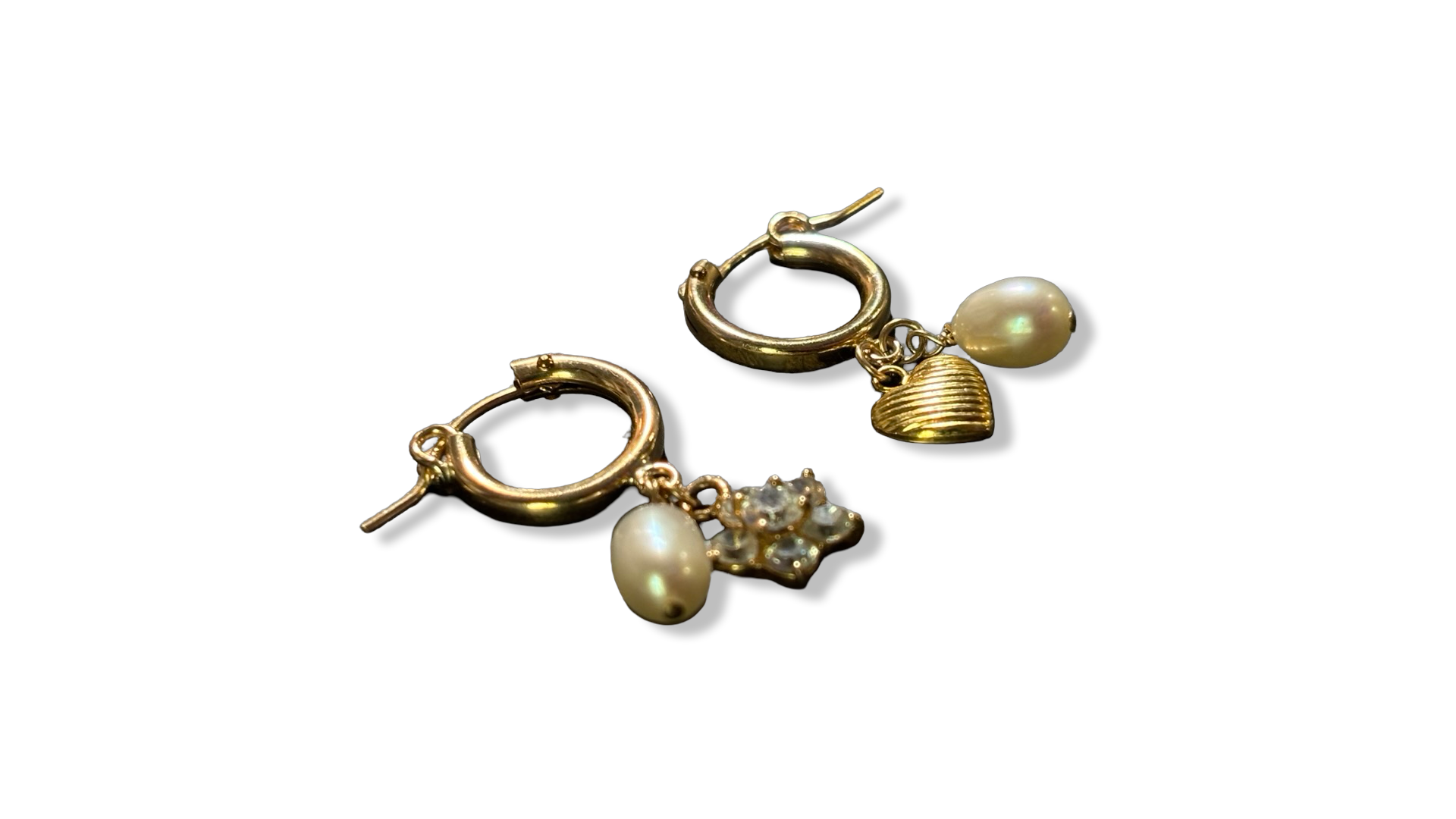 Mini créoles goldfilled, fleur en strass, cœur et perles