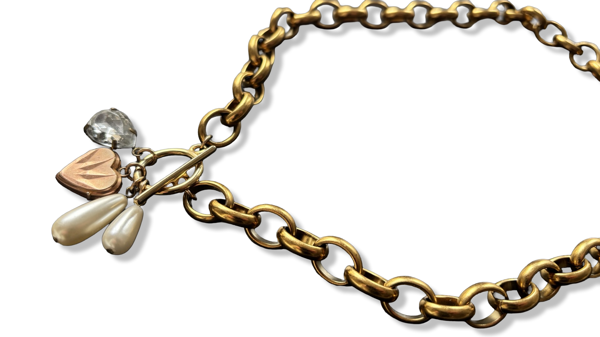 Collier grosse maille, cœur, perles et strass