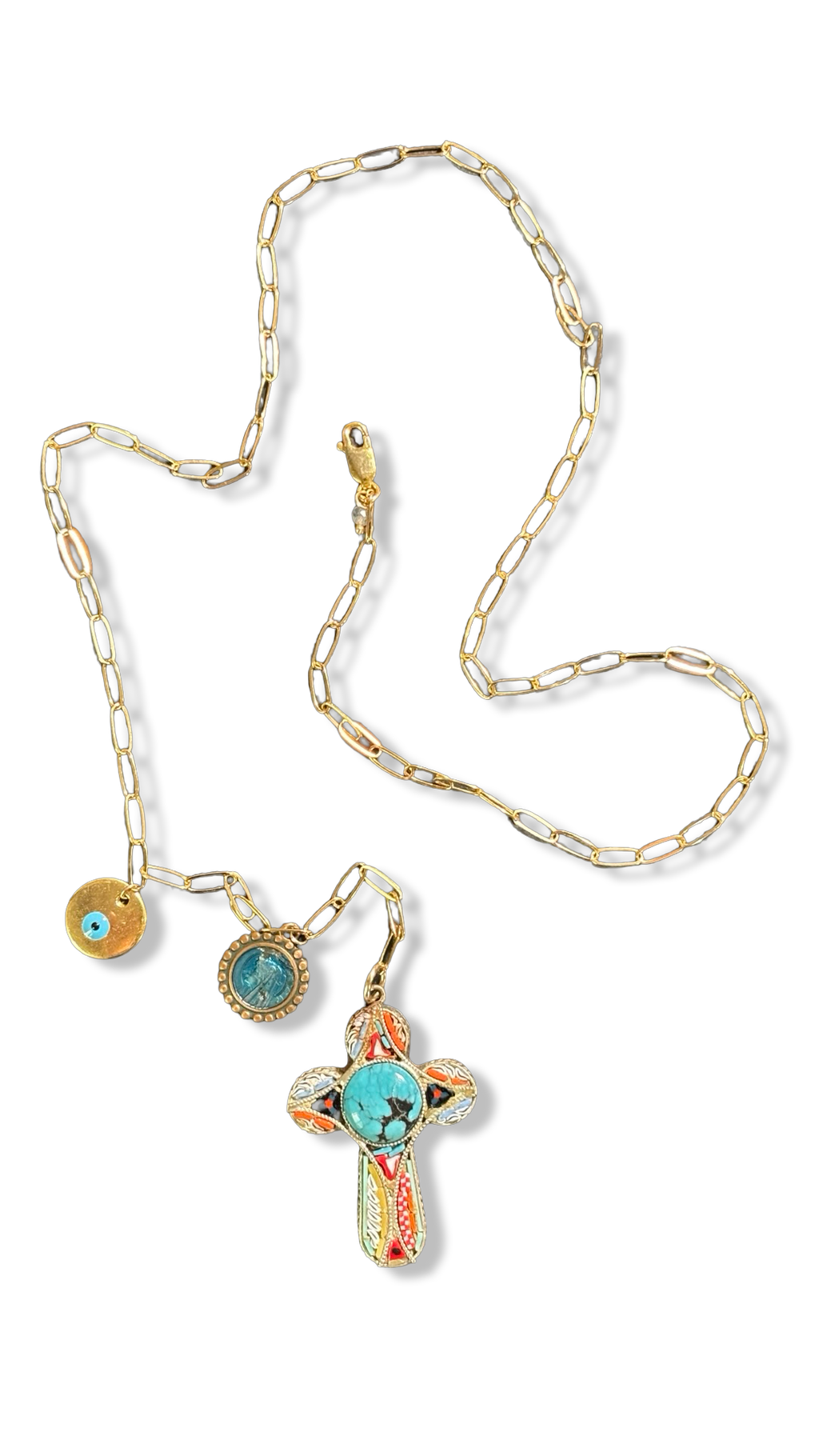 Collier lasso et croix italienne et turquoise
