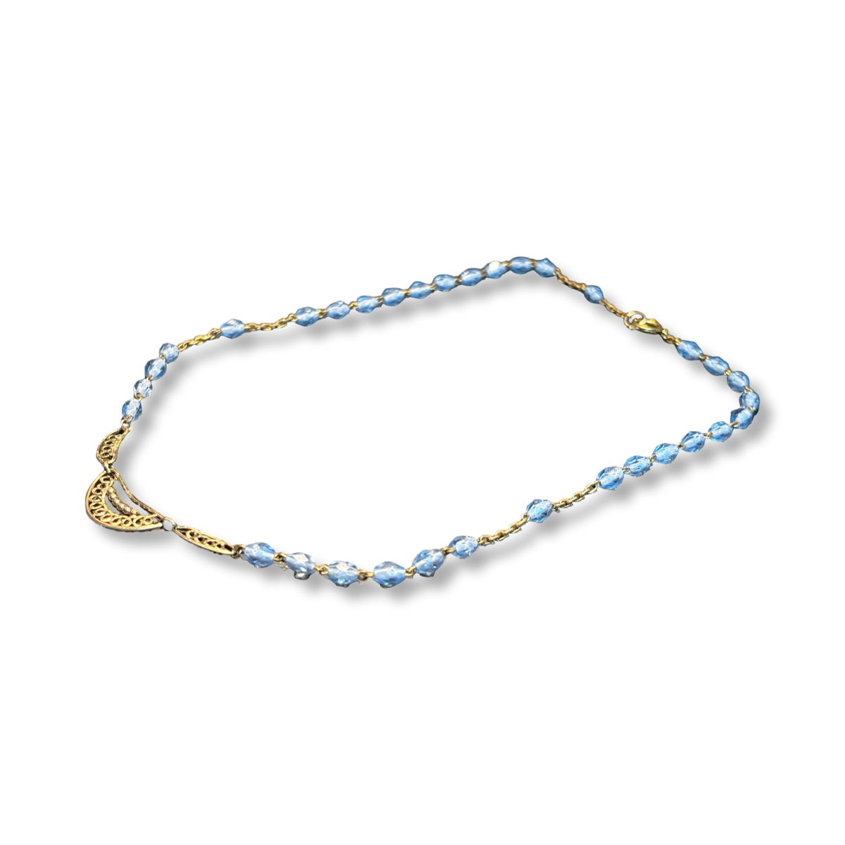 Collier chapelet bleu et motif ancien en filigrane