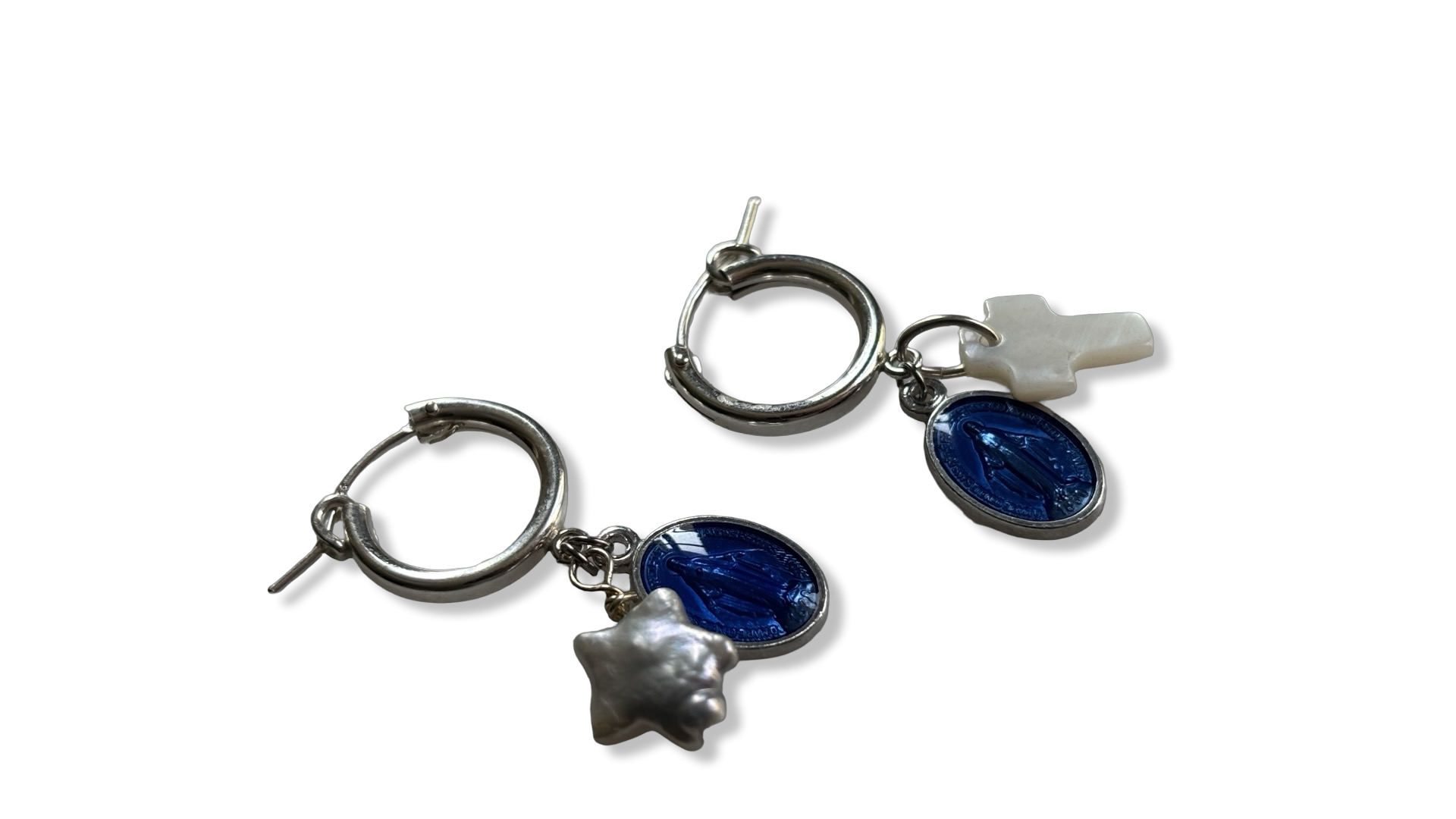 Mini créoles argent, medaille miraculeuse et nacre