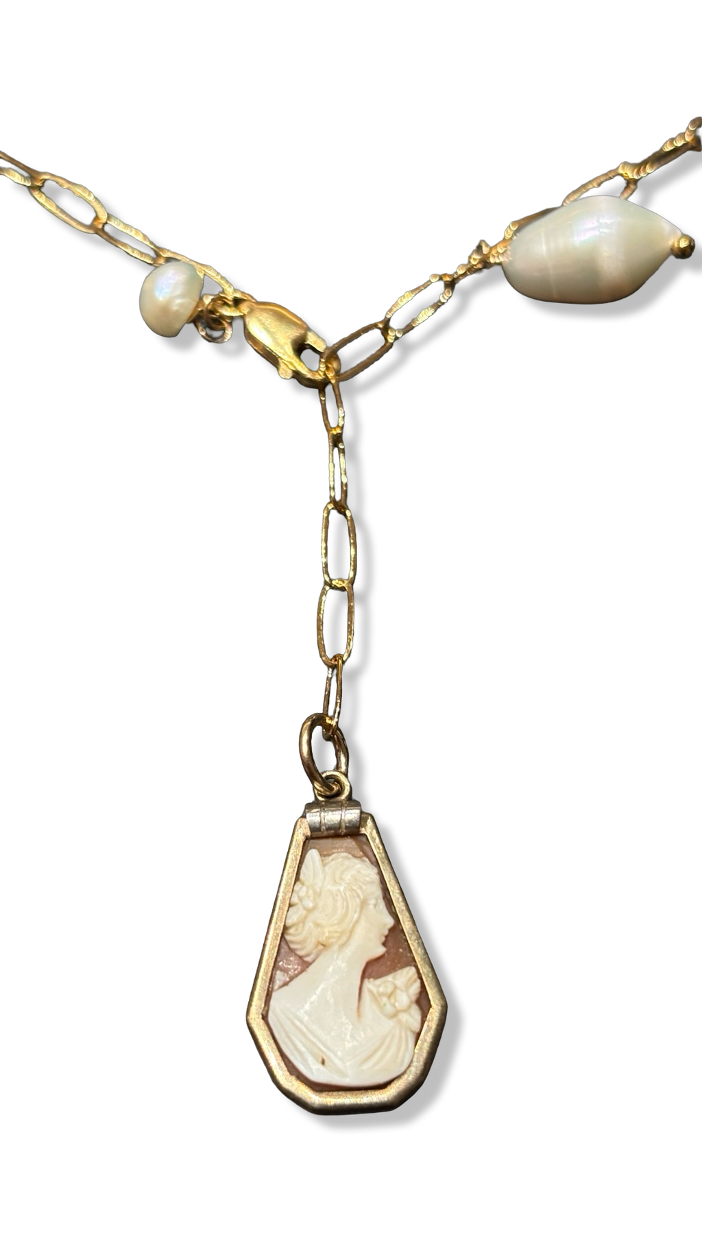 Collier lasso , Camee Art Deco et perle fantaisie