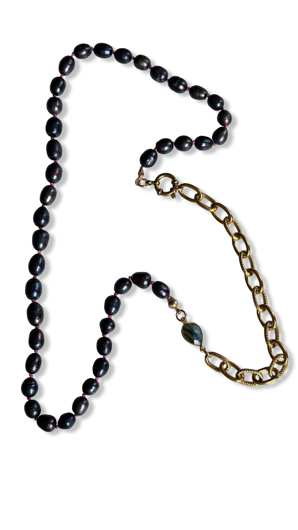 Sautoir de perles noires, labradorite et chaîne