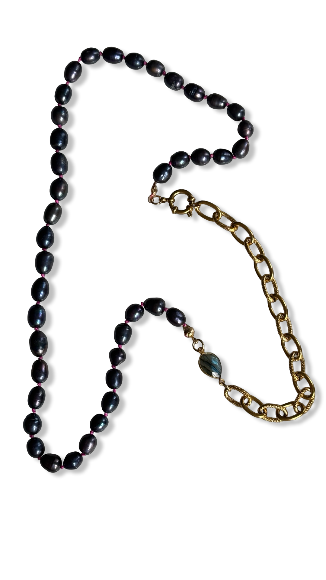 Sautoir de perles noires, labradorite et chaîne
