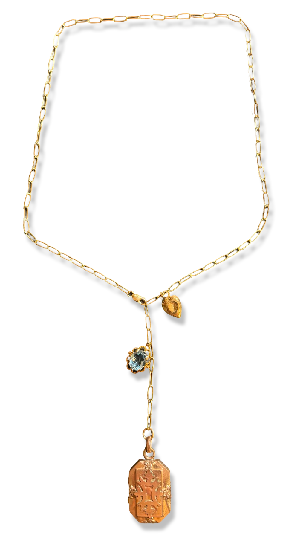 Collier lasso upcyclé, médaillon a secret, coeur et topaze