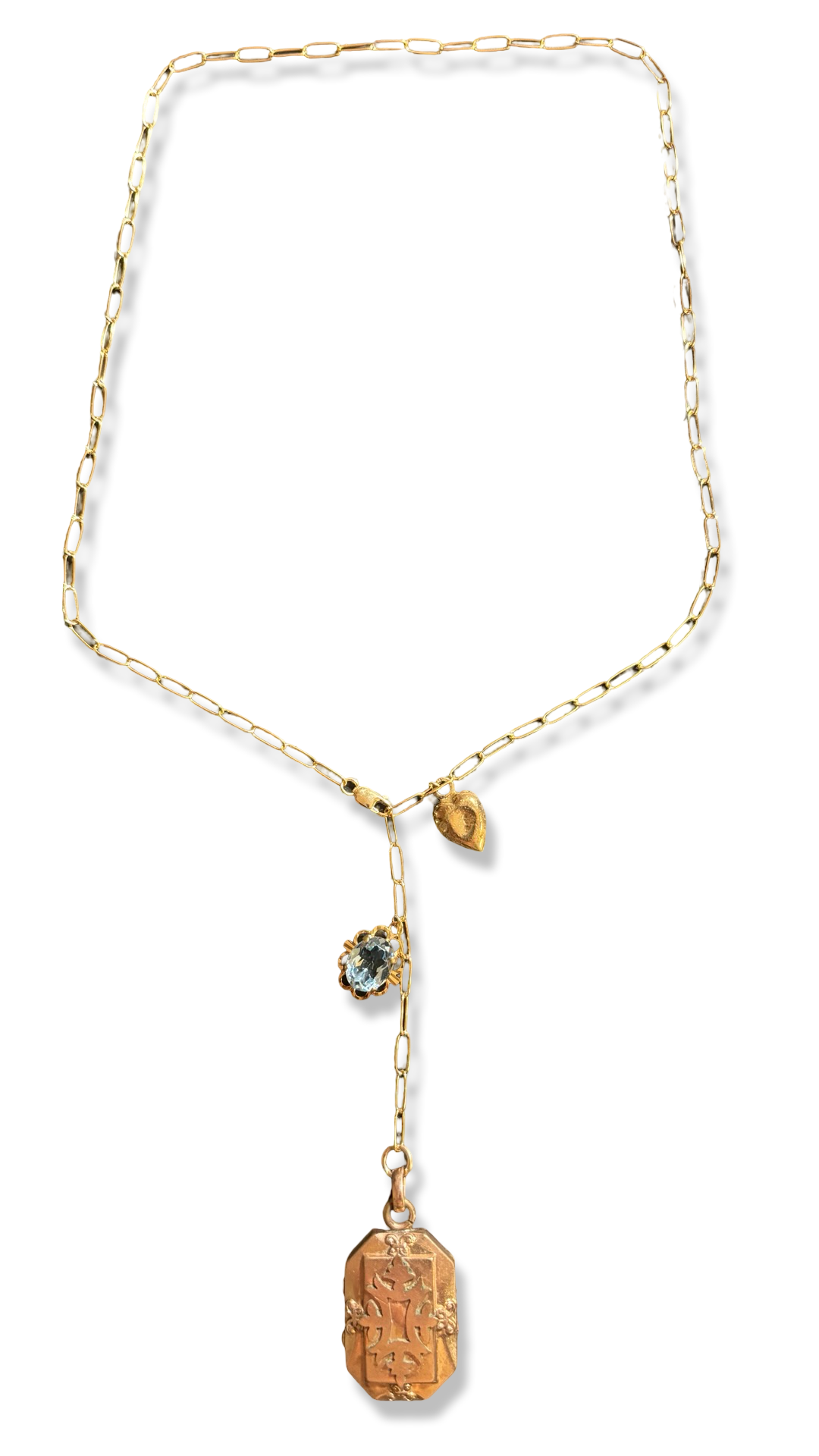Collier lasso upcyclé, médaillon a secret, coeur et topaze