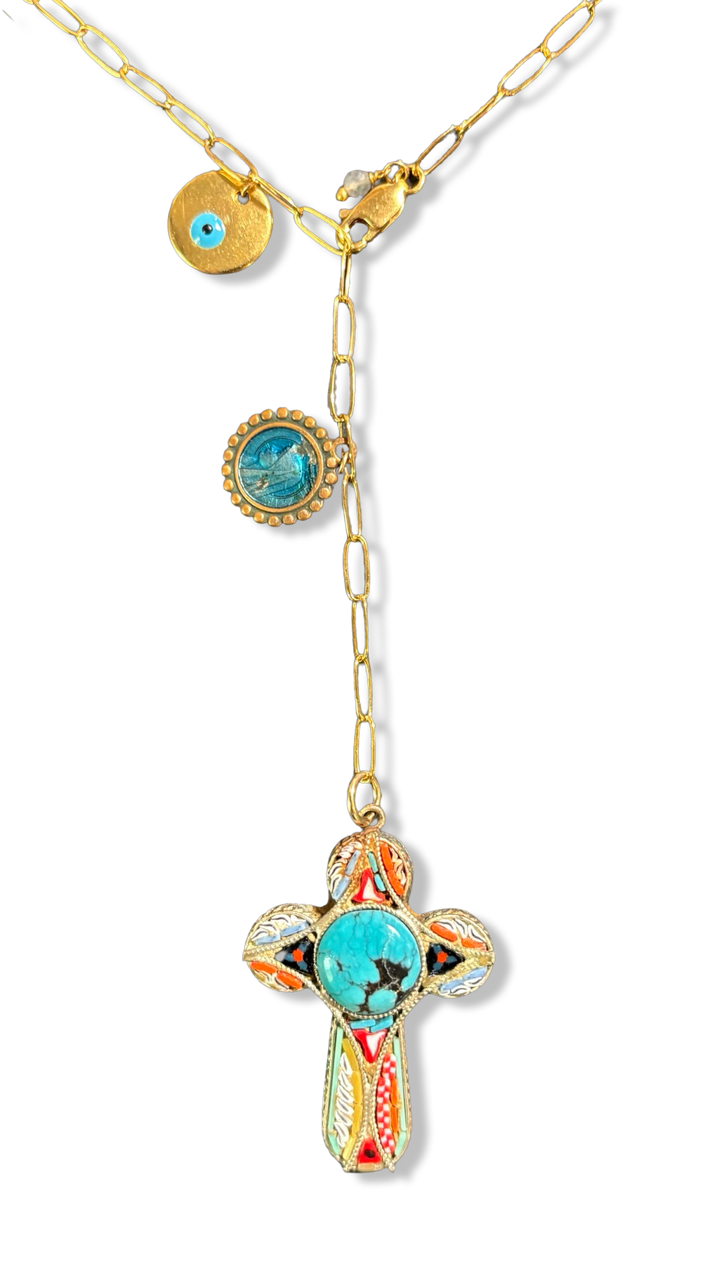 Collier lasso et croix italienne et turquoise