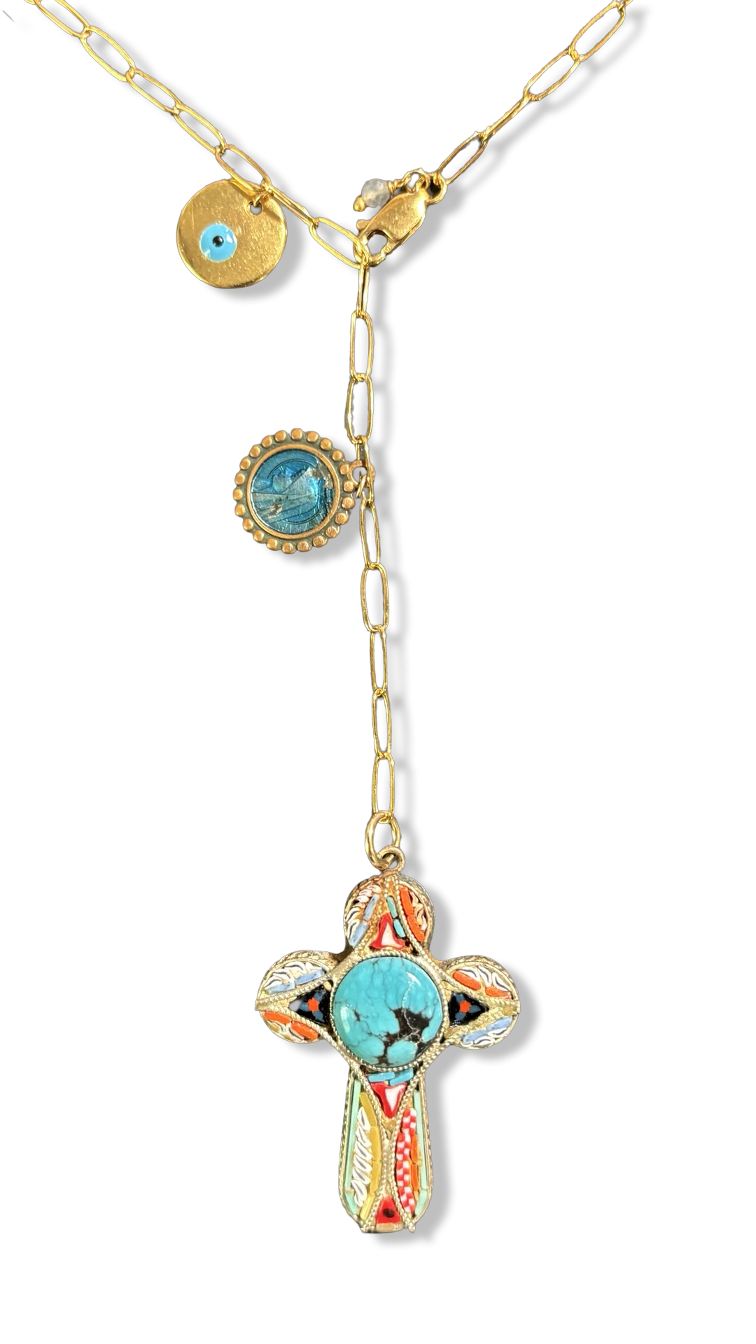 Collier lasso et croix italienne et turquoise