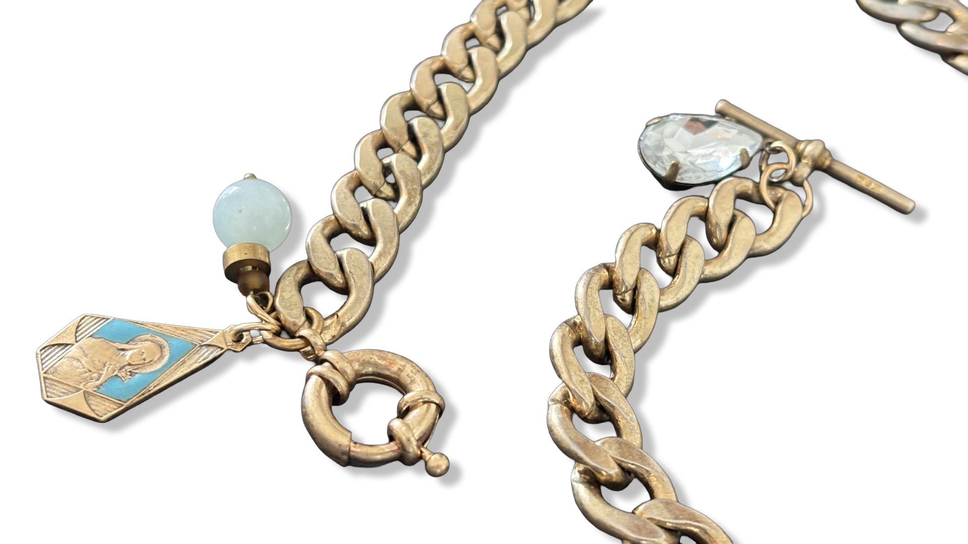 Collier maille gourmette, sainte Thérèse et goutte en strass