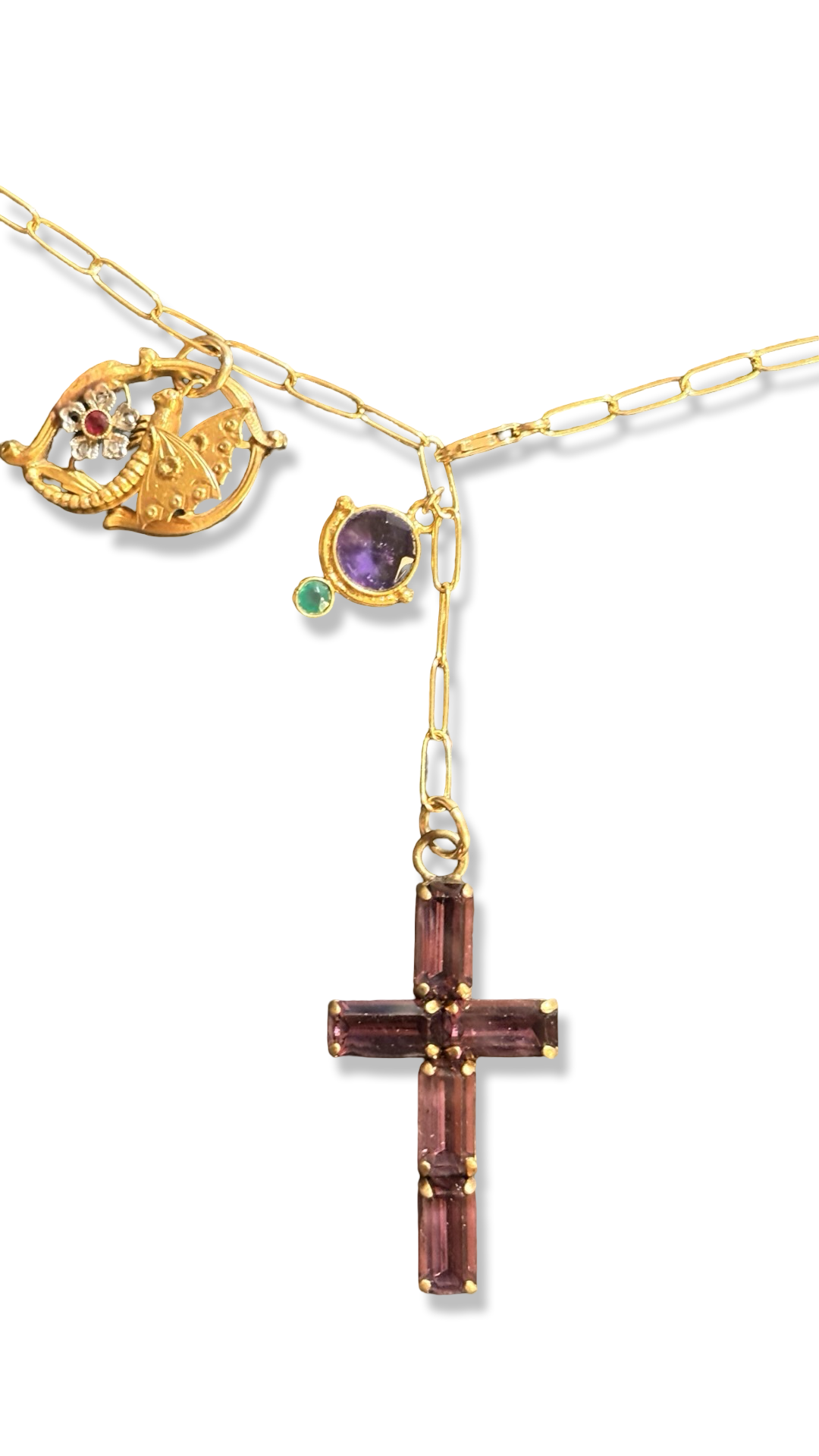 Collier lasso ,  croix en strass et papillon Art Nouveau
