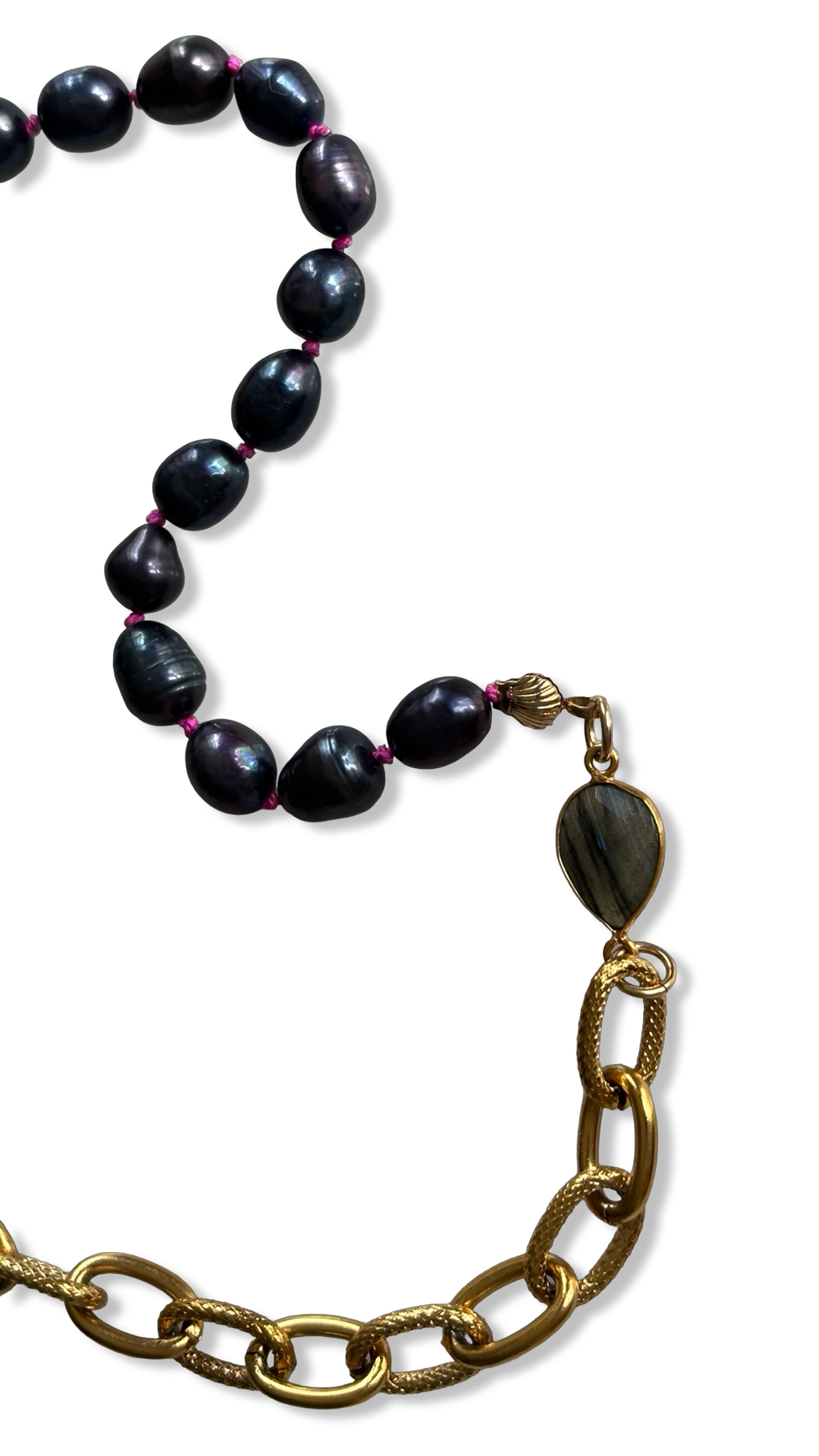 Sautoir de perles noires, labradorite et chaîne