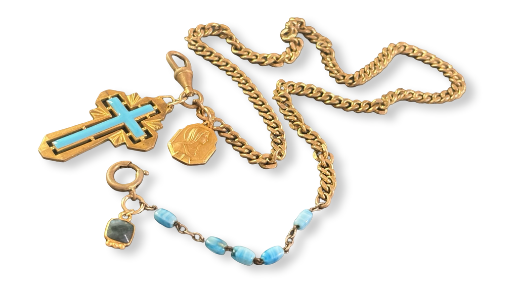 Collier chaîne ancienne et croix émaillée turquoise