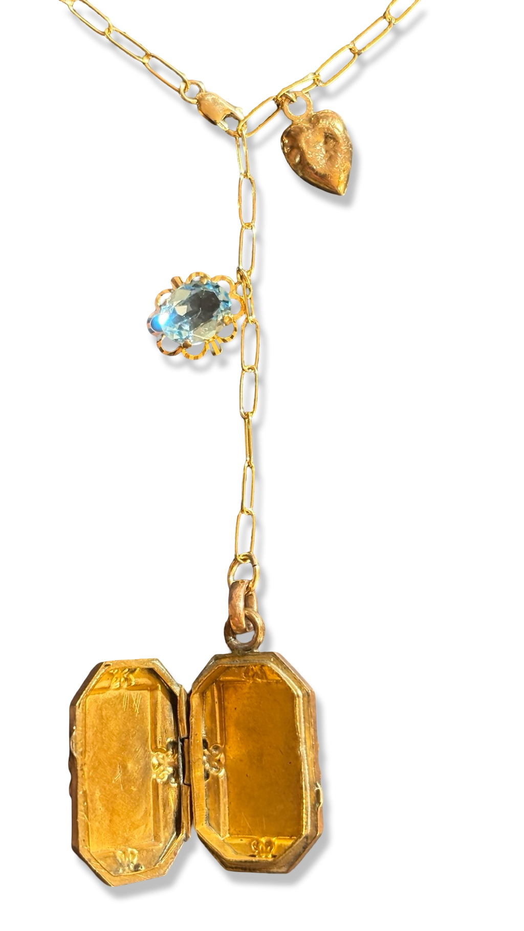 Collier lasso upcyclé, médaillon a secret, coeur et topaze