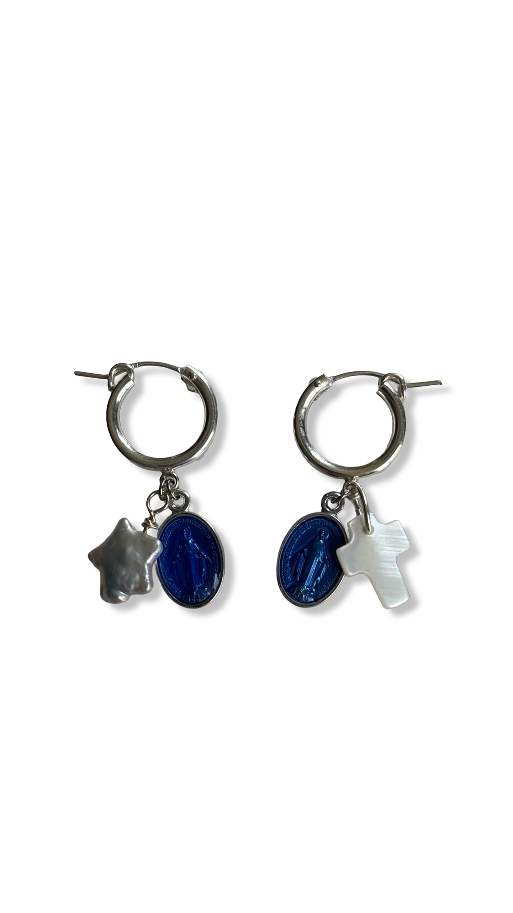 Mini créoles argent, medaille miraculeuse et nacre