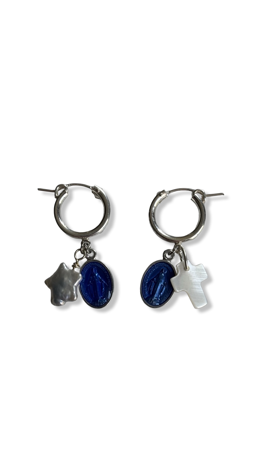 Mini créoles argent, medaille miraculeuse et nacre
