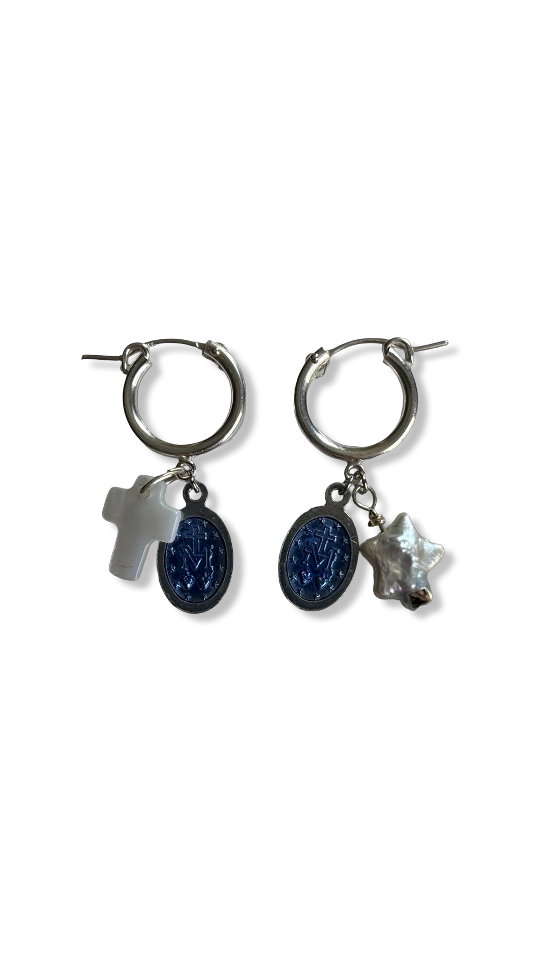 Mini créoles argent, medaille miraculeuse et nacre