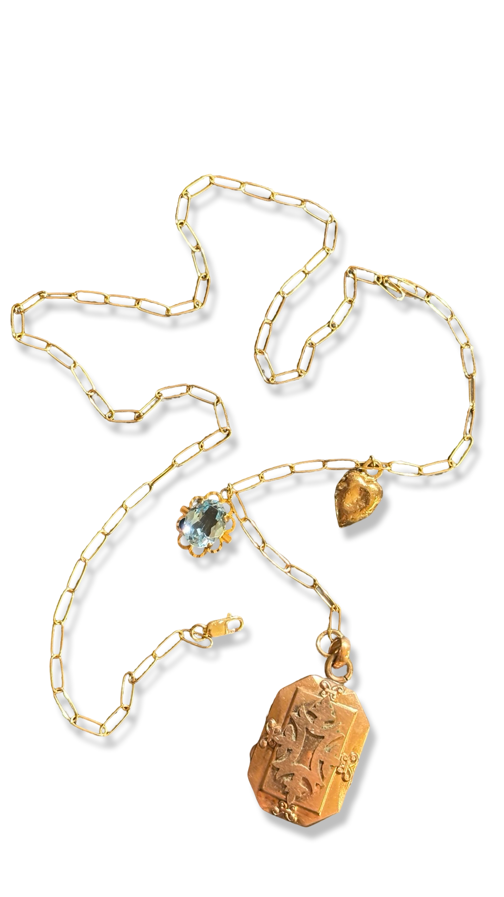 Collier lasso upcyclé, médaillon a secret, coeur et topaze