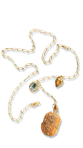 Collier lasso upcyclé, médaillon a secret, coeur et topaze