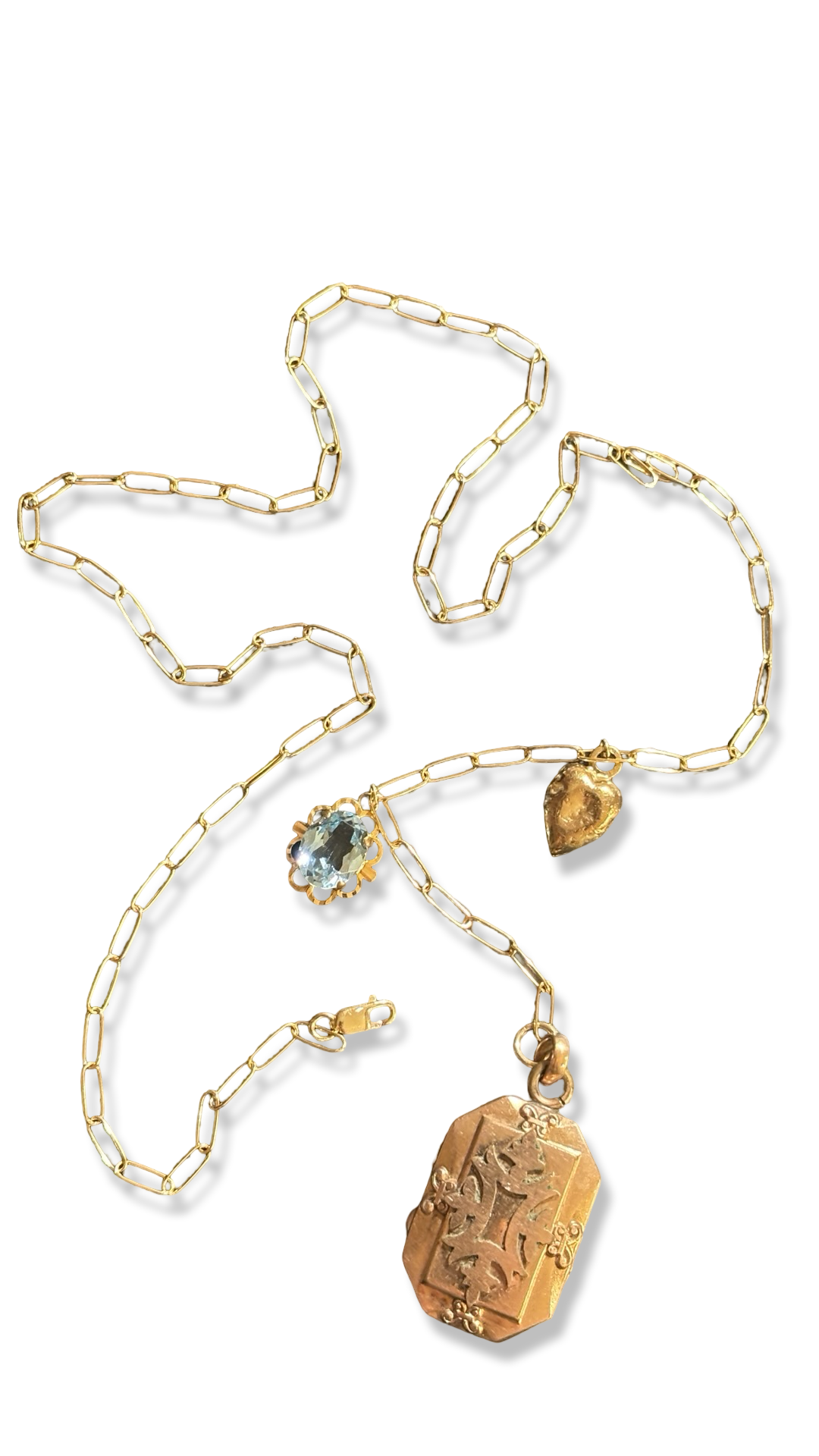 Collier lasso upcyclé, médaillon a secret, coeur et topaze