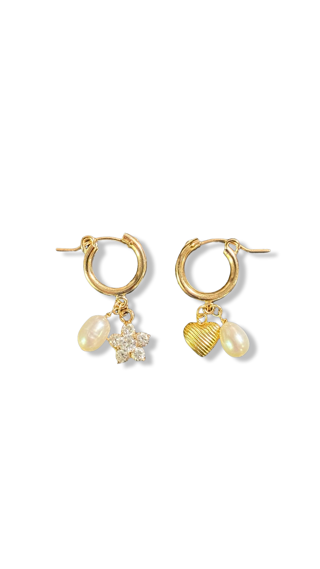 Mini créoles goldfilled, fleur en strass, cœur et perles