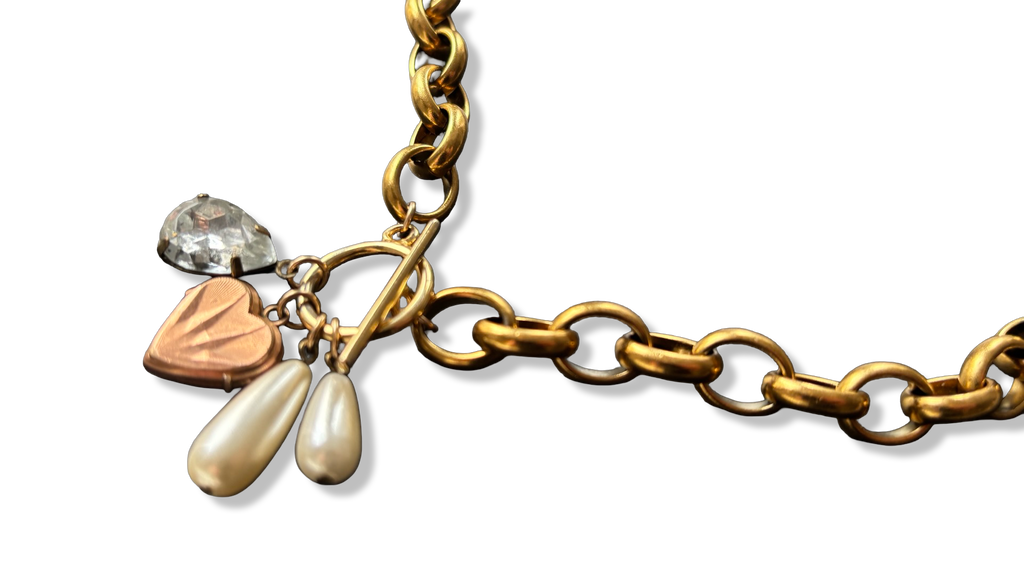 Collier grosse maille, cœur, perles et strass