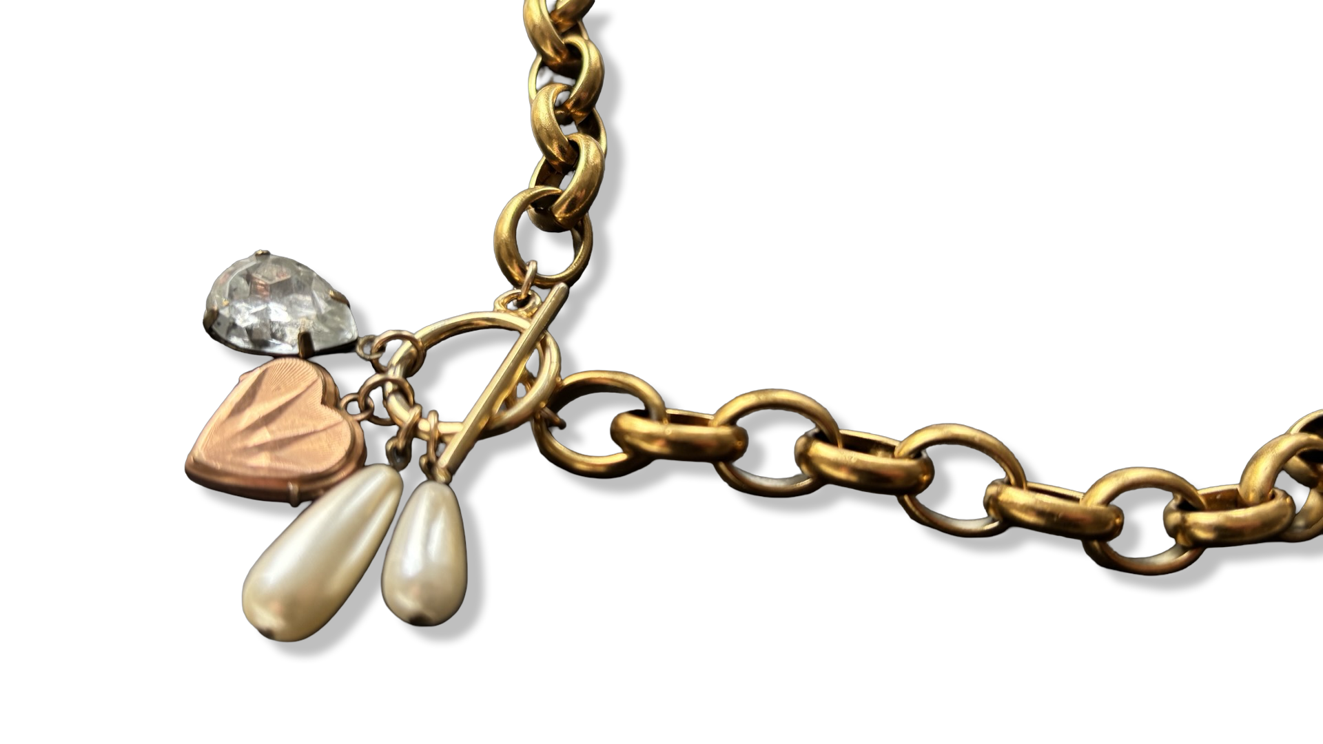 Collier grosse maille, cœur, perles et strass
