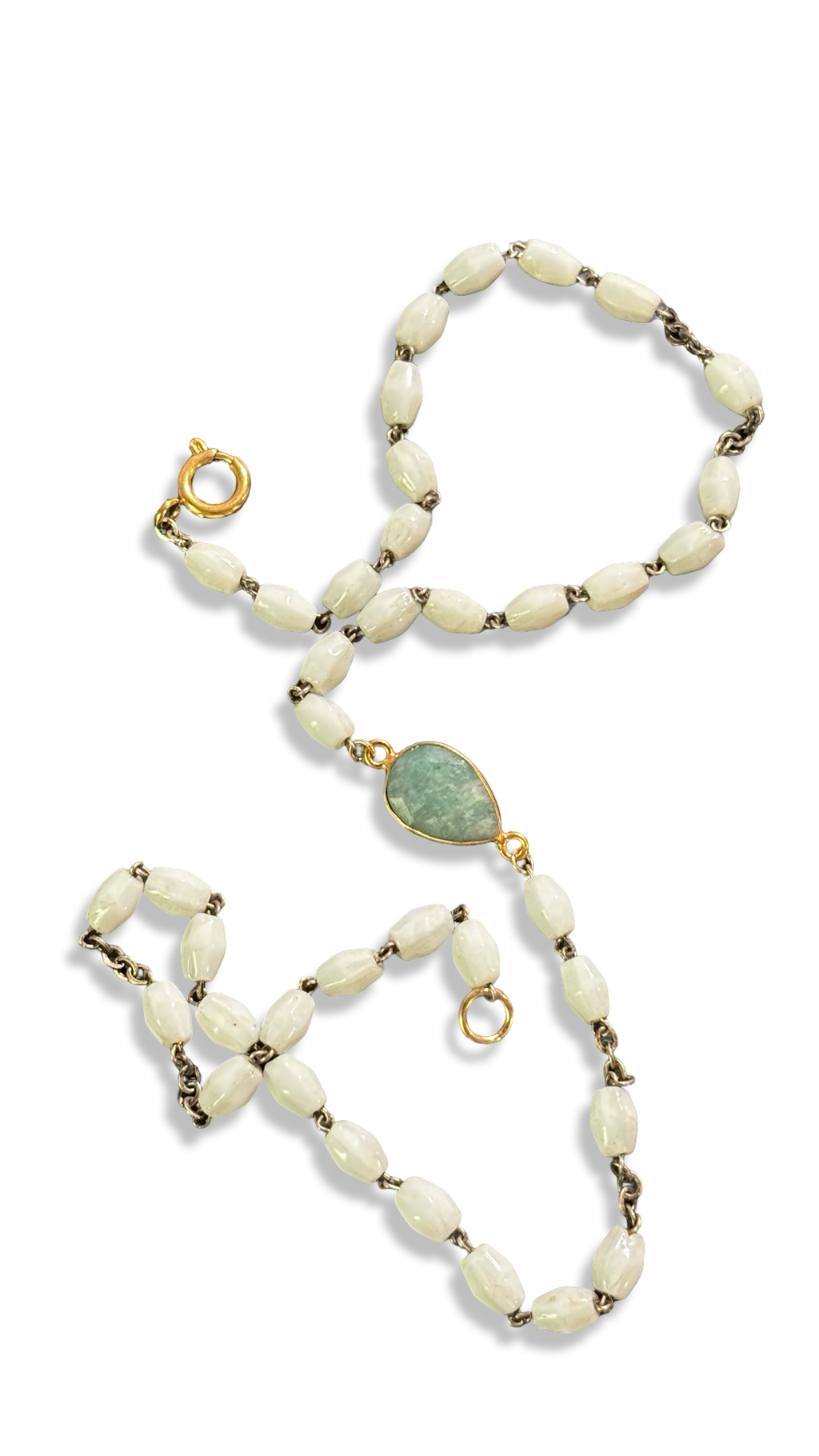 Collier chapelet blanc et goutte d’amazonite
