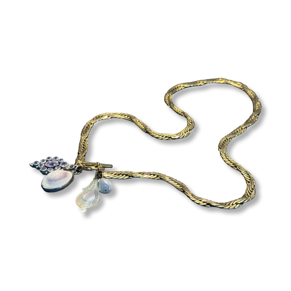 Collier chaîne ancienne , améthyste, motif de nacre et coquillage