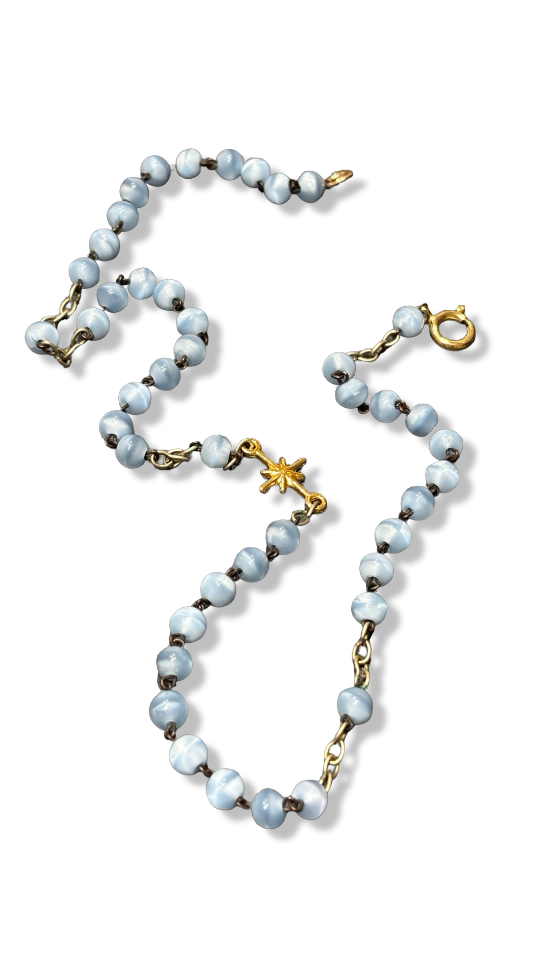 Collier chapelet bleu pale et étoile plaquée or