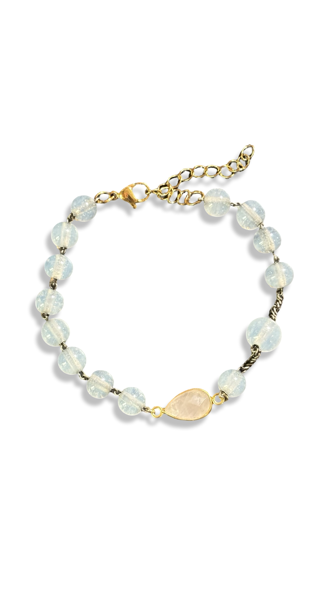 Bracelet chapelet blanc et goutte de quartz pêche