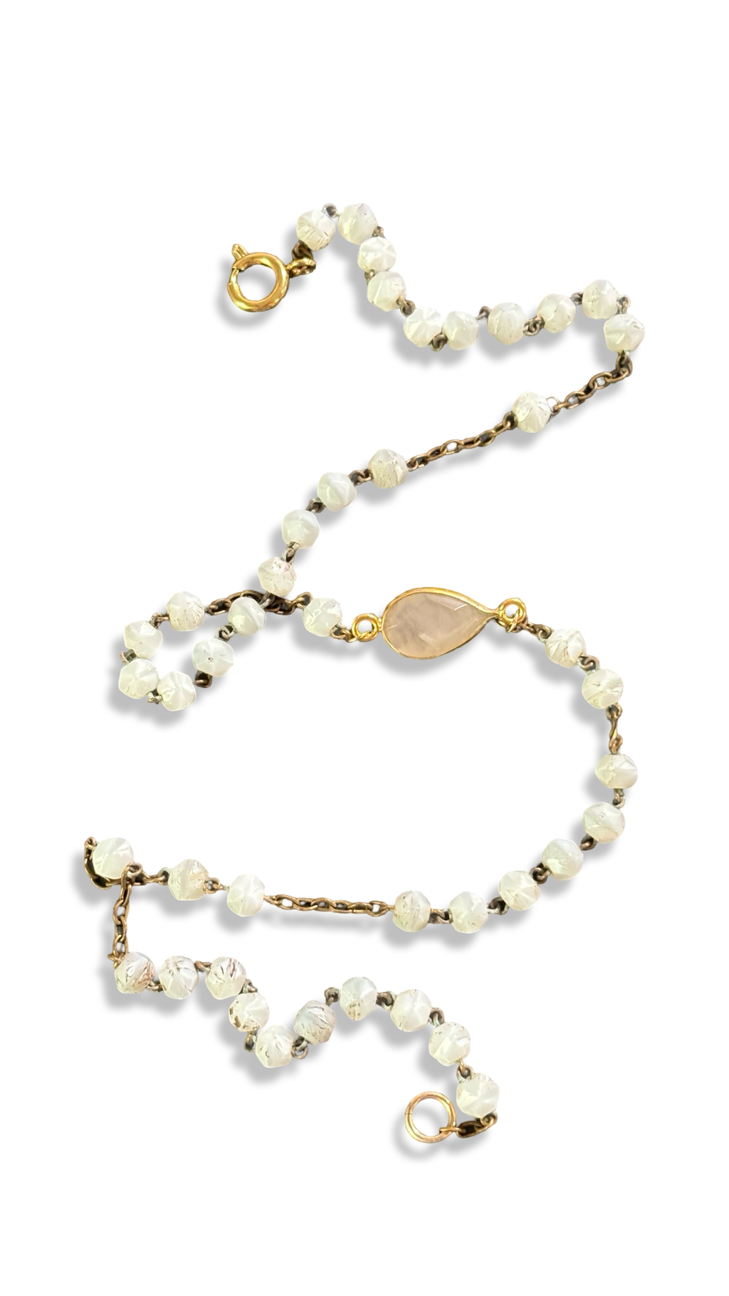 Collier chapelet pâte de verre blanc et quartz pêche