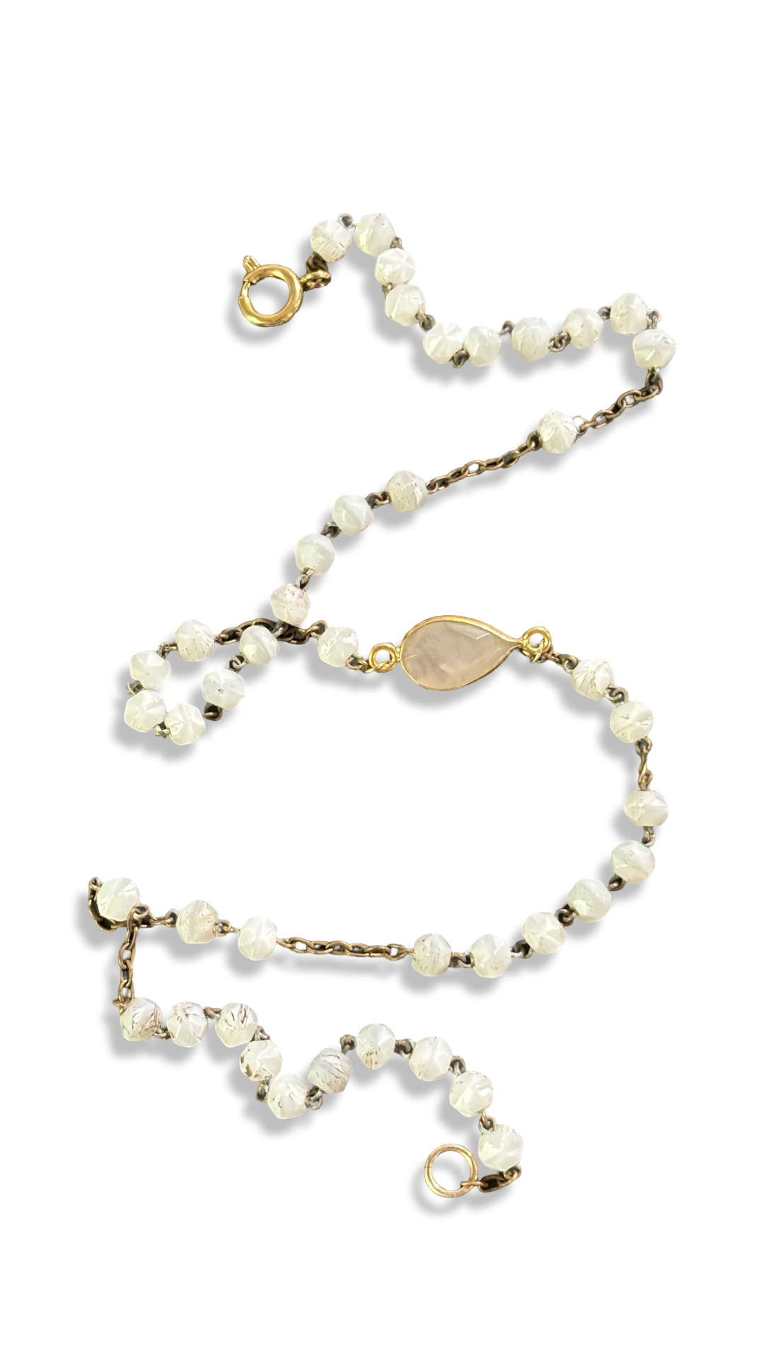 Collier chapelet pâte de verre blanc et quartz pêche