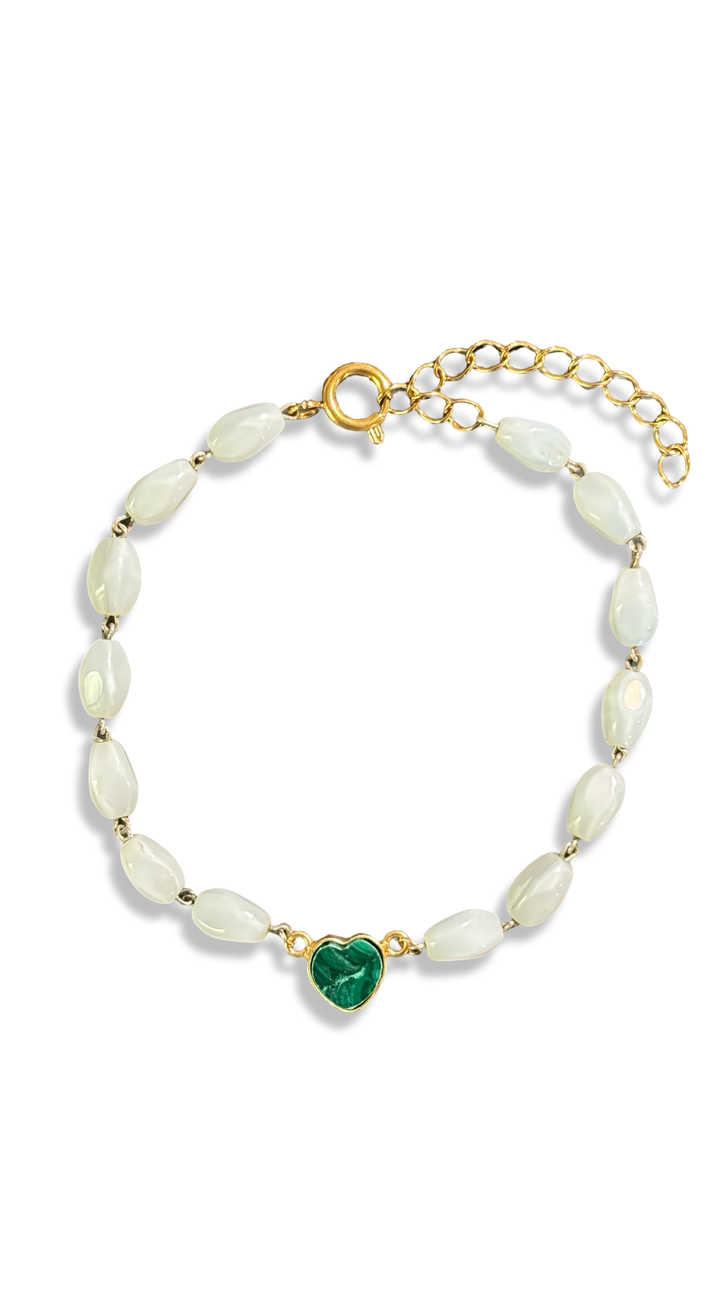 Bracelet chapelet blanc et cœur de malachite