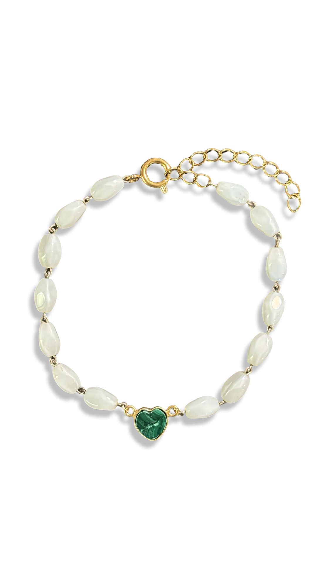 Bracelet chapelet blanc et cœur de malachite