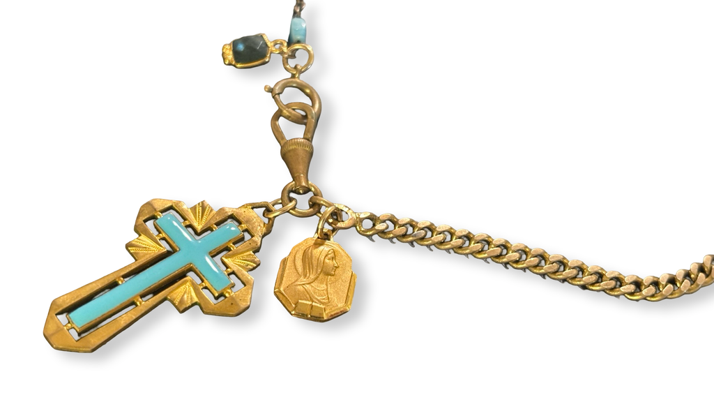 Collier chaîne ancienne et croix émaillée turquoise