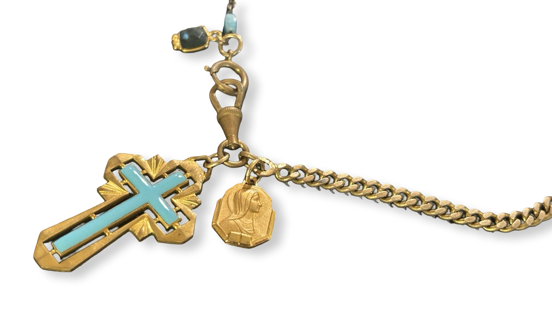 Collier chaîne ancienne et croix émaillée turquoise