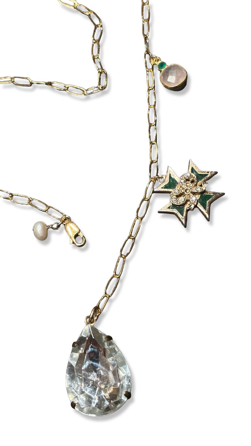 Collier lasso, large strass goutte, croix de Malte