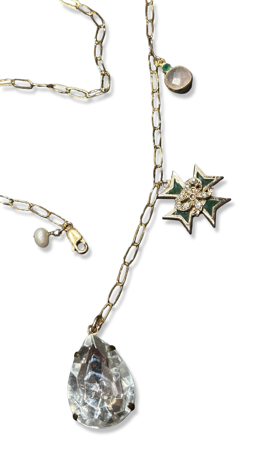 Collier lasso, large strass goutte, croix de Malte