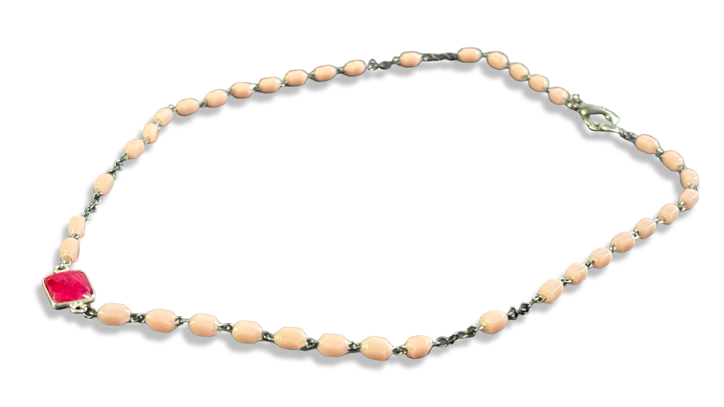 Collier chapelet rose et agate Fuschia