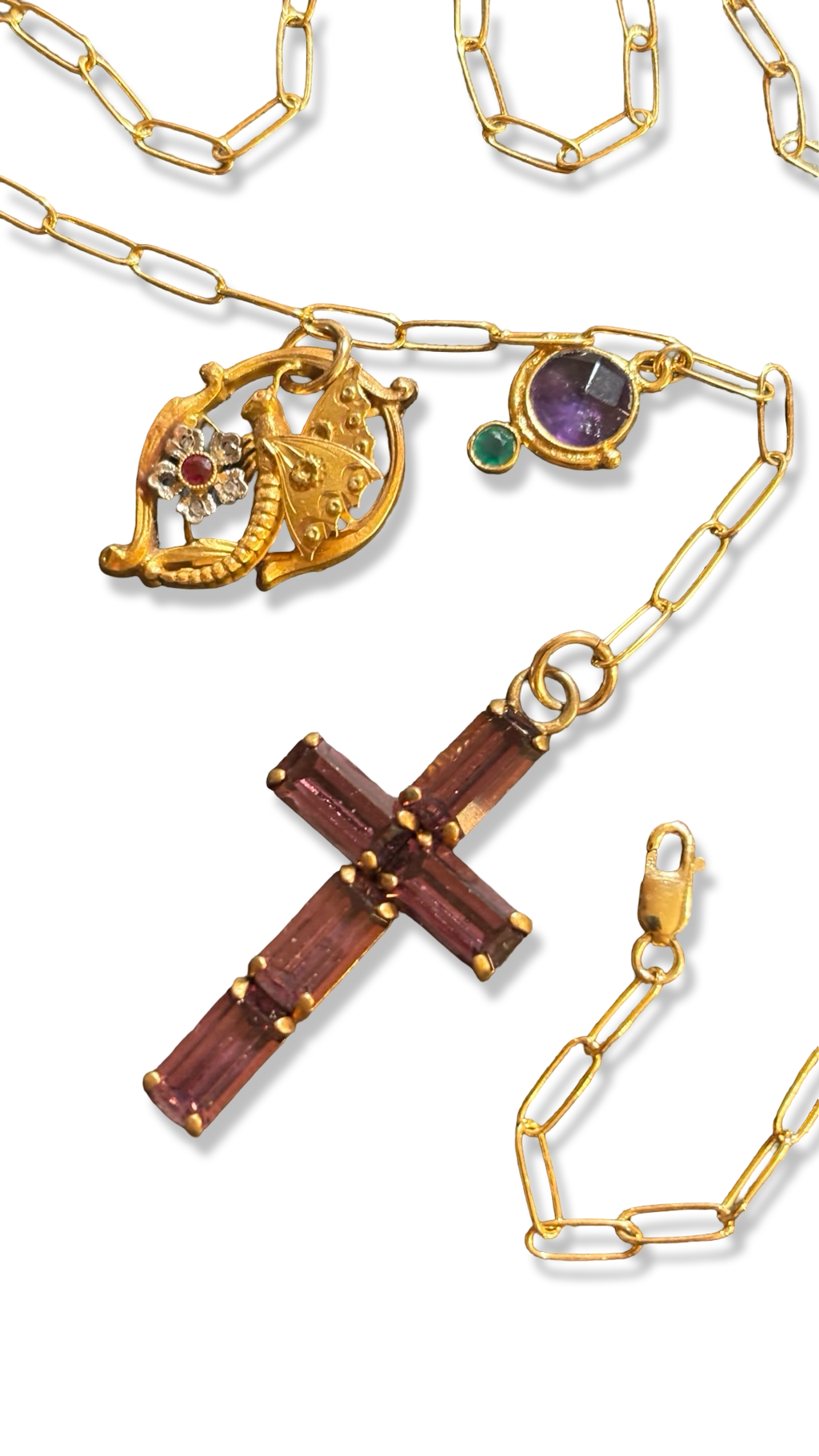 Collier lasso ,  croix en strass et papillon Art Nouveau