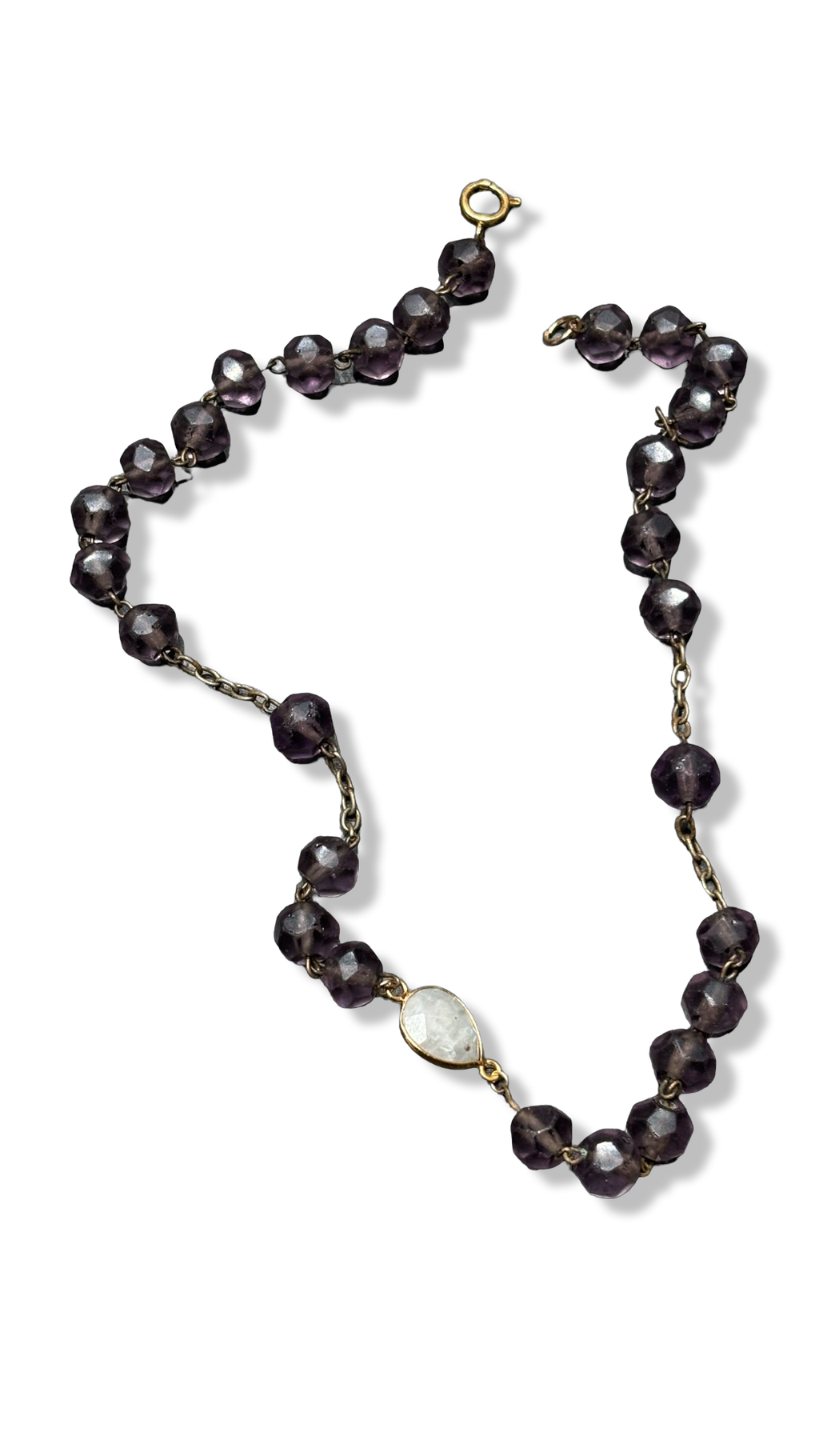 Collier chapelet en perles de verre mat violettes et Pierre de Lune