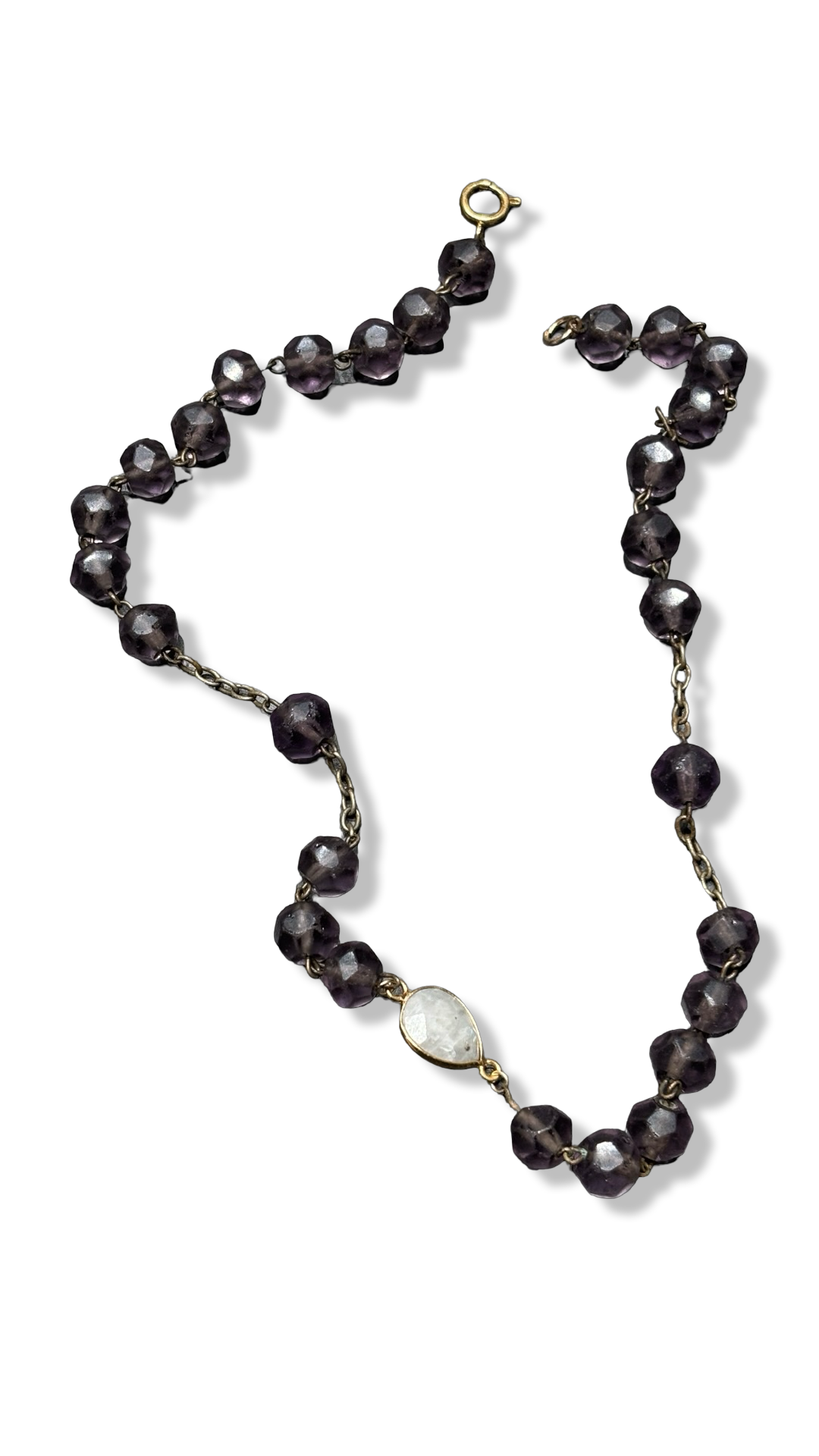 Collier chapelet en perles de verre mat violettes et Pierre de Lune