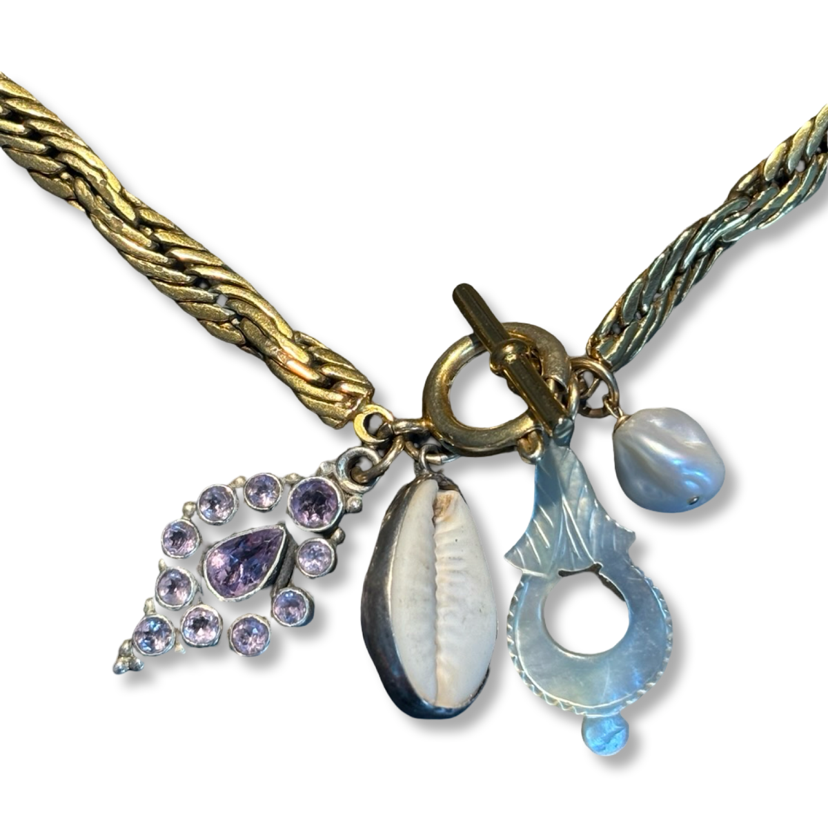 Collier chaîne ancienne , améthyste, motif de nacre et coquillage