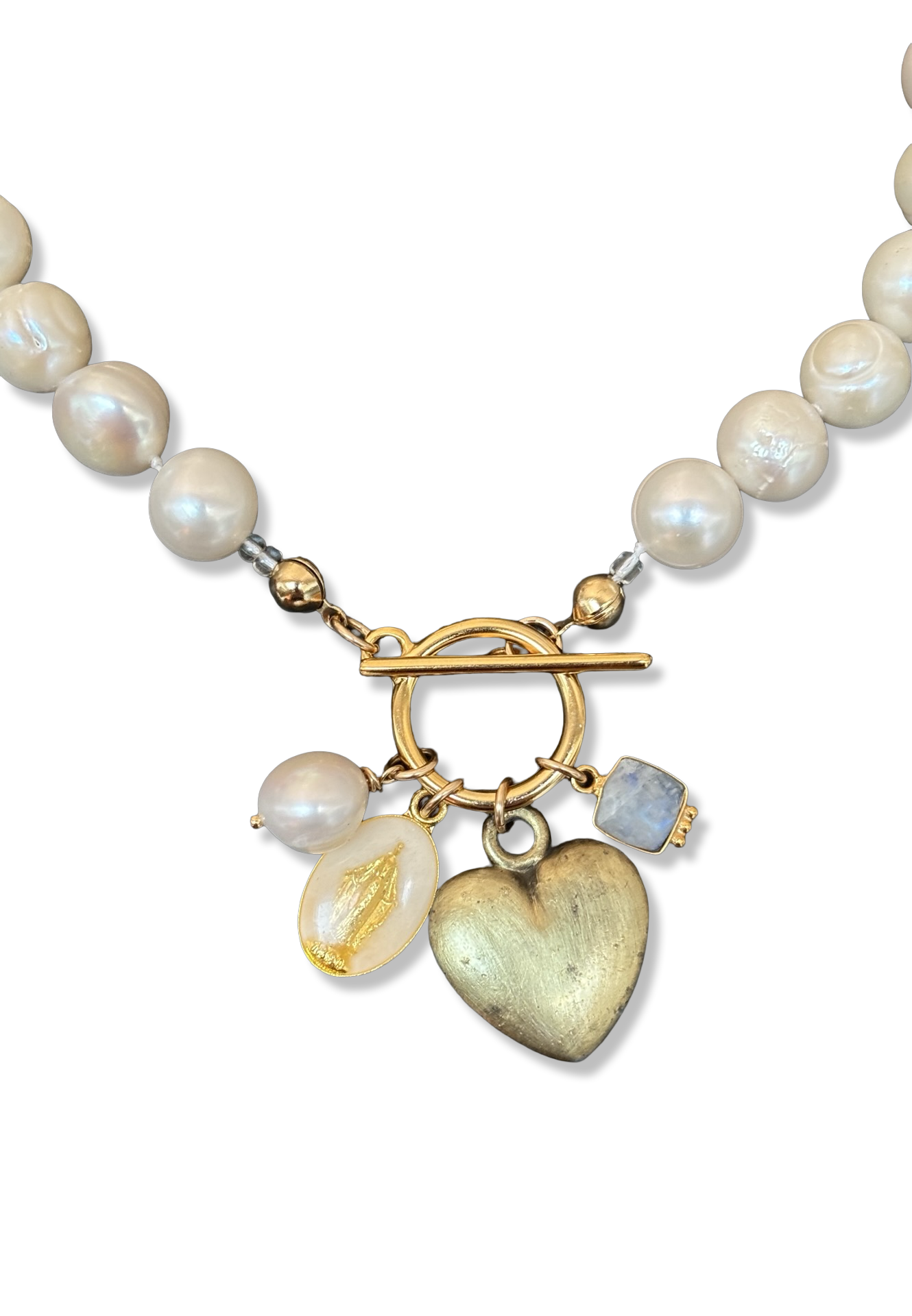 Collier de perles baroques, cœur 80s, Médaille Miraculeuse et Pierre de Lune