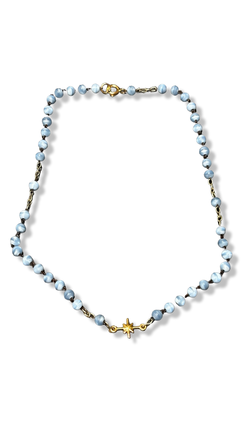 Collier chapelet bleu pale et étoile plaquée or
