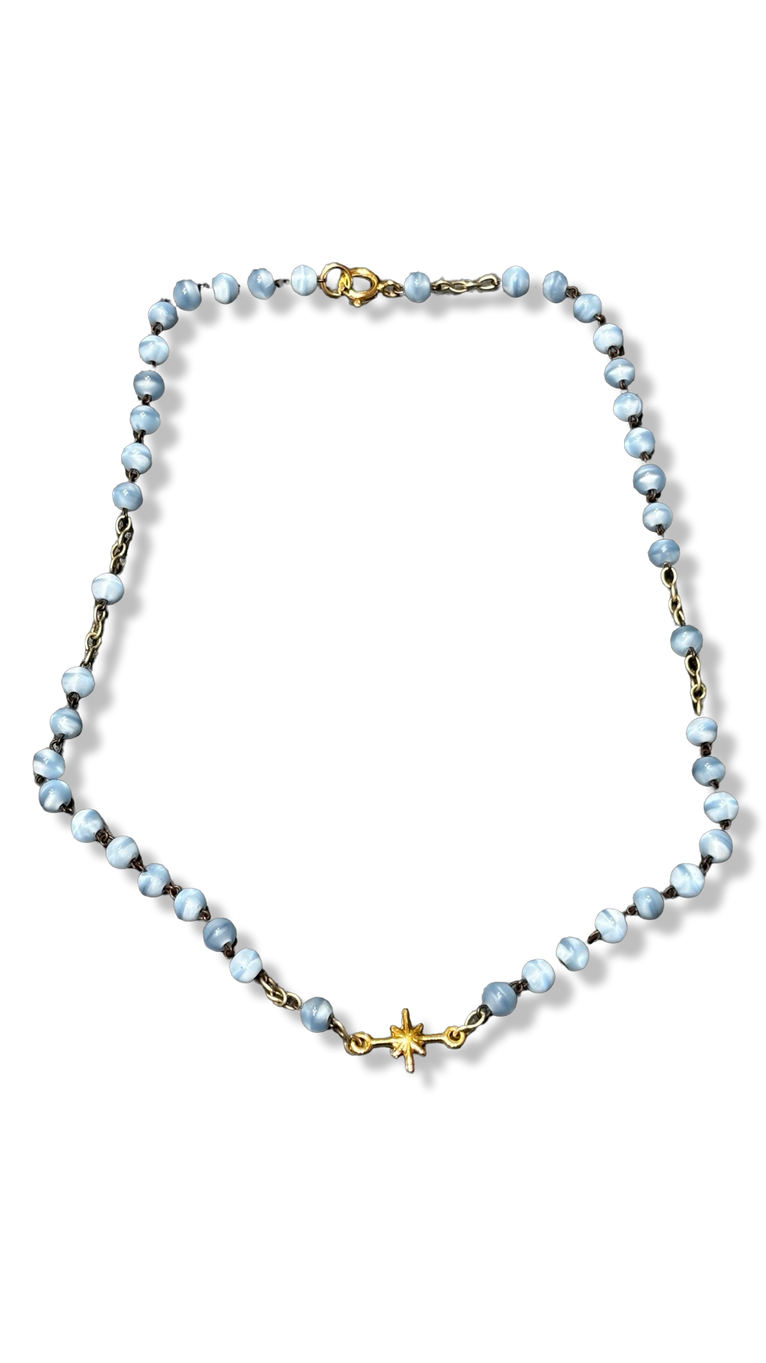 Collier chapelet bleu pale et étoile plaquée or