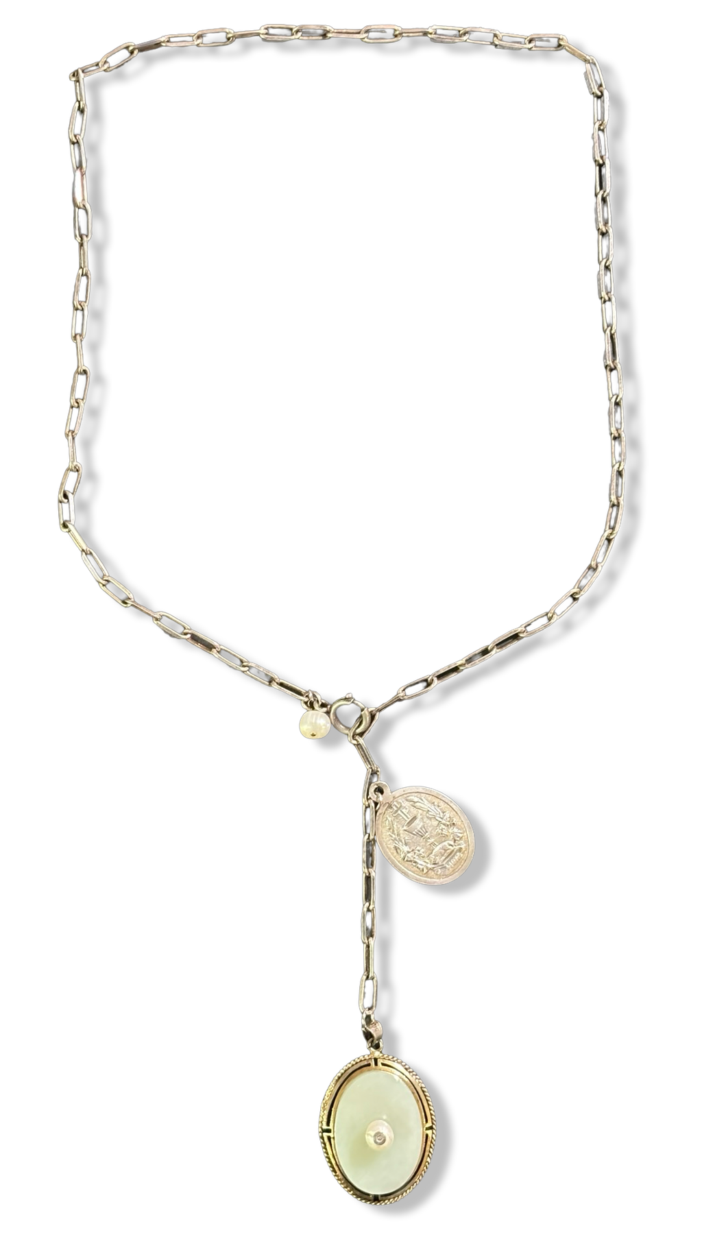 Collier lasso en argent, médaille de communion et jadéite